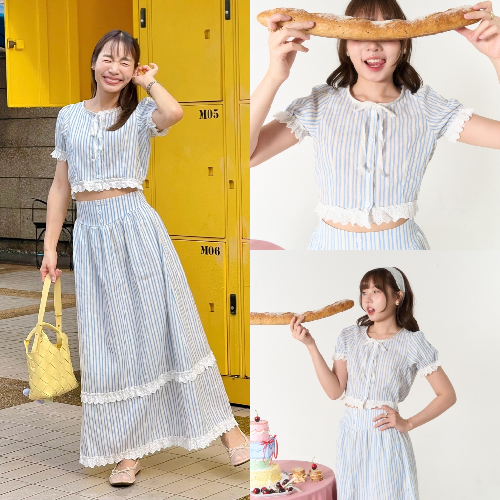 (S-3XL)  CHAWY Sugar stripe set 🌷✨ C4099 กดแยกช้ิน เสื้อ กระโปรง