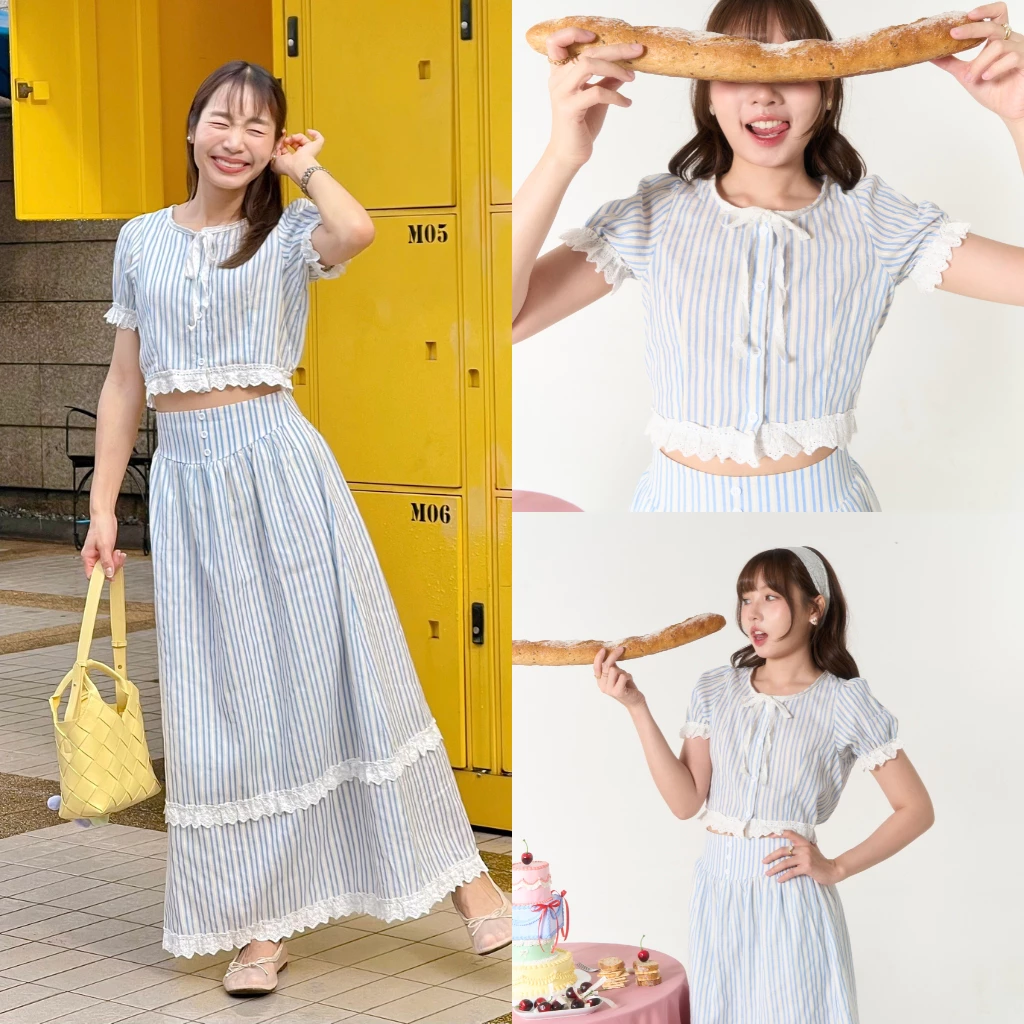 (S-3XL) CHAWY Sugar stripe set 🌷✨ C4099 กดแยกช้ิน เสื้อ กระโปรง