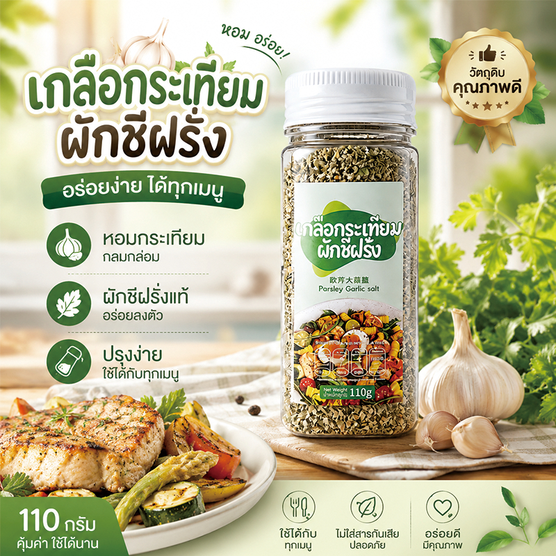 [สินค้าพร้อมส่ง] เกลือกระเทียมผักชีฝรั่ง 110กรัม ส่วนผสมธรรมชาติ ไขมันต่ำ เหมาะสลัด ไก่ย่าง ปลาย่าง อาหารสุขภาพ มื้อเบา