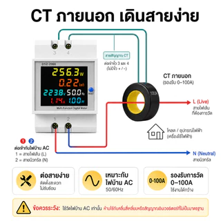 มิเตอร์วัดไฟดิจิตอล 6 in 1 เครื่องวัดพลังงานไฟฟ้า AC 100A วัดโวลต์ แอมป์ วัตต์ kWh จอ LCD ติดราง DIN