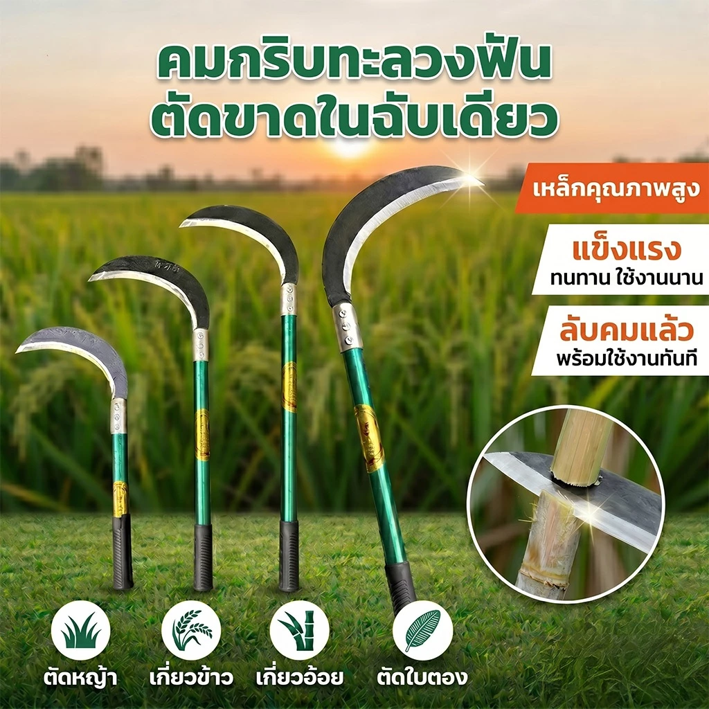 [พร้อมส่ง]เคียวเหล็กแมงกานีส คมกริบ แข็งแรงทนทาน ใช้เกี่ยวข้าว ตัดหญ้า ฟันกิ่งไม้ ⭐ มีหลายขนาด