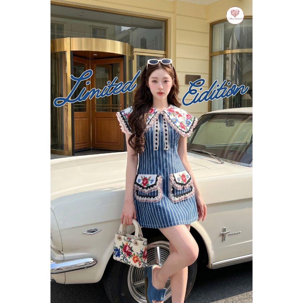(Limited มี2XL) Maria Diamond ยีนส์ Grace Me Dress เดรสสั้นยีน์ลายริ้ว ปกวินเทจ กระเป๋าหน้าสองฝั่ง ซิปหลัง มีซับใน