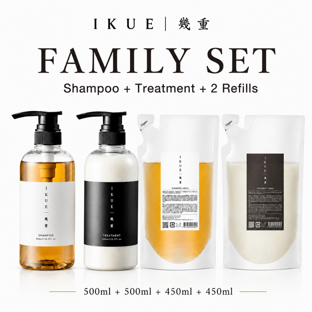 [แพ็ค 4 ชิ้น สุดพิเศษ] IKUE อิคุเอะ Premium Japanese Hair Care แชมพู1ขวด+ครีมนวด1ขวด + รีฟิลแชมพู1ถุง+รีฟิลครีมนวด1ถุง