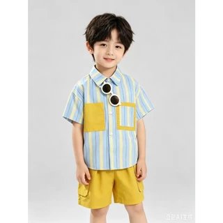 BB335 ชุดเด็กผู้ชาย 2 ชิ้น เสื้อเชิ้ตลายทางสีฟ้า กางเกงขาสั้นสีเหลือง