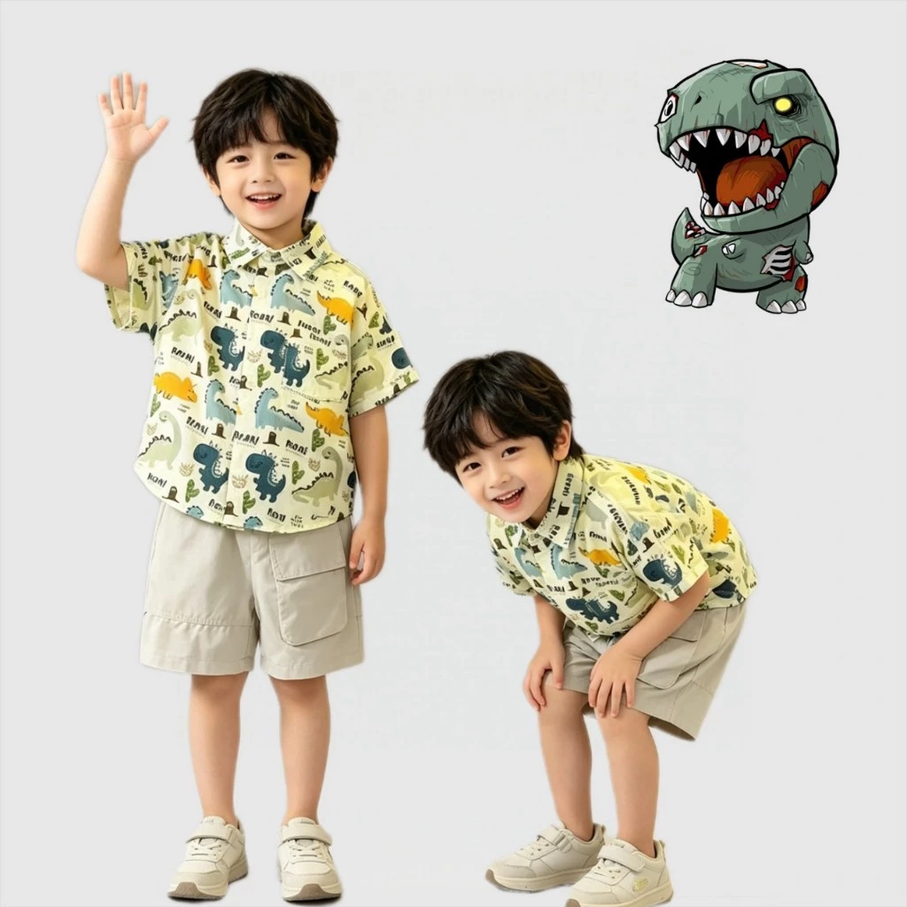 BB336 ชุดเด็กผู้ชายลายไดโนเสาร์ เสื้อเชิ้ตแขนสั้น + กางเกงขาสั้น