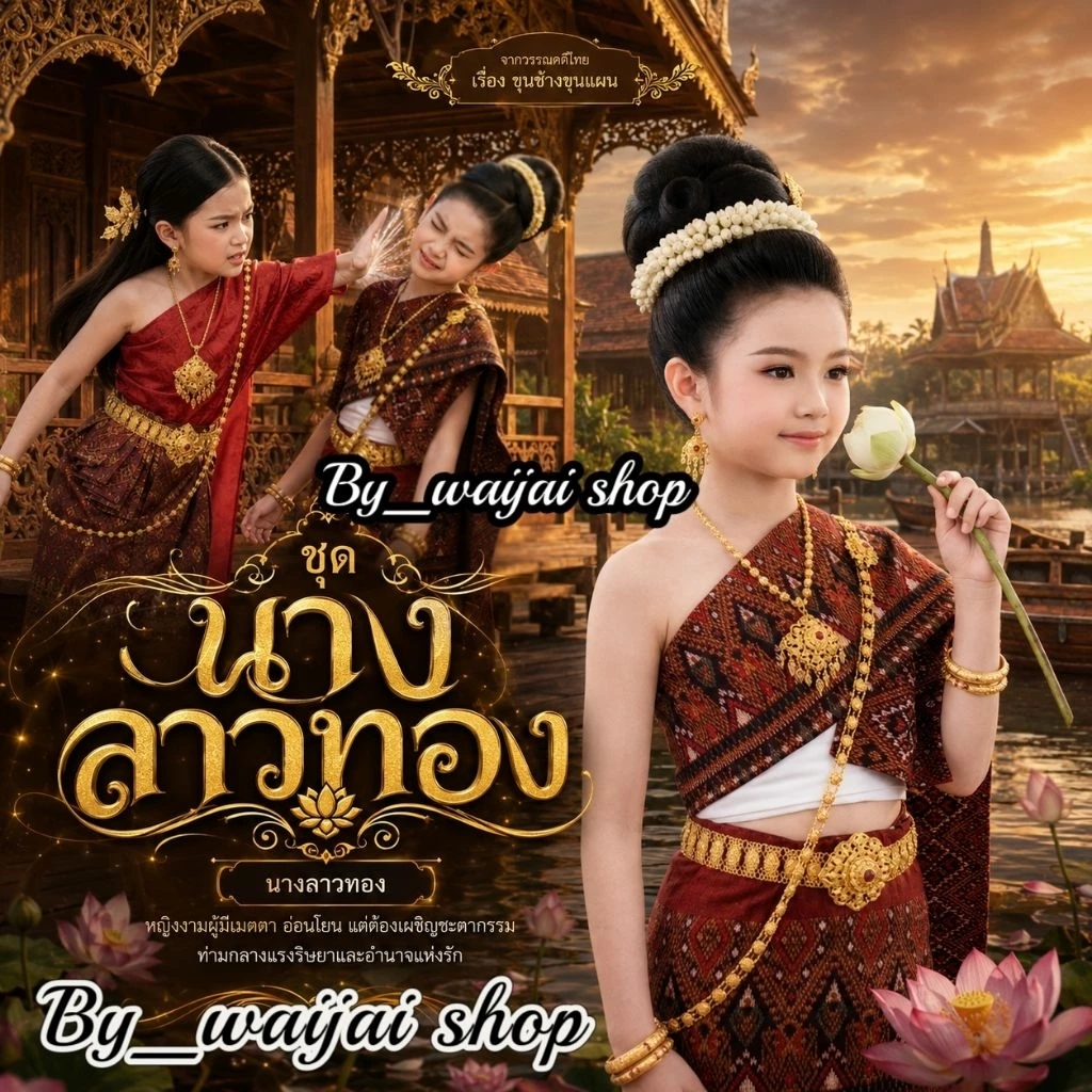 ชุดนางลาวทอง วรรณคดีไทยเรื่อง ขุนช้างขุนแผน ผ้าฝ้ายทอลายพื้นเมือง สวมใส่สบาย เหมาะสำหรับวันภาษาไทย งานประกวด และการแสดง