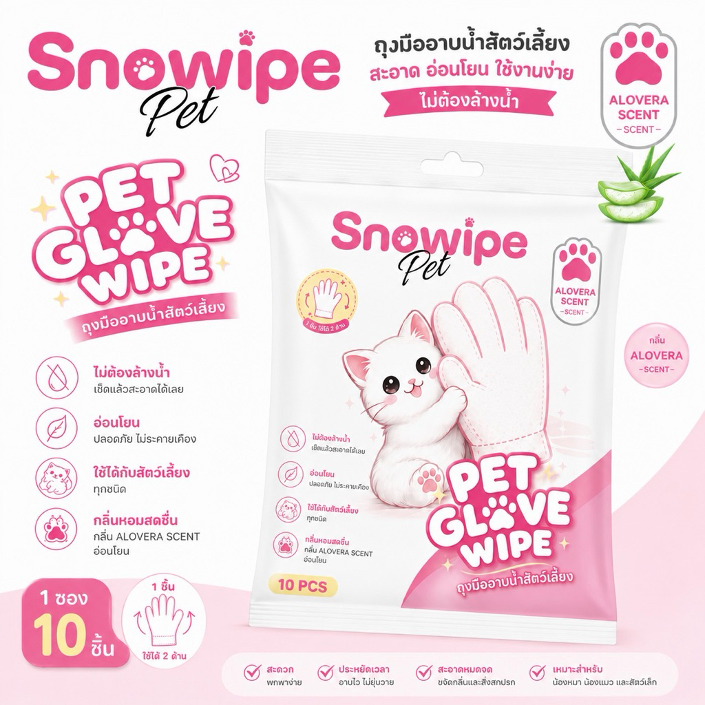 🧤Snowipe Pet ถุงมืออาบน้ำสัตว์เลี้ยง สำหรับสุนัข แมวและสัตว์เล็ก  1 ซอง บรรจุ 10 ชิ้น