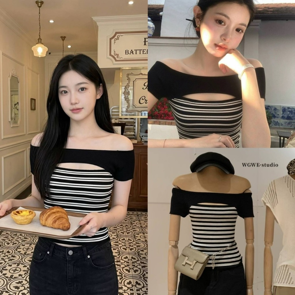 Cozy Stripe เสื้อคอกว้างปาดไหล่ผ้าไหมพรม - 9924 TAG WG.WE 🇰🇷