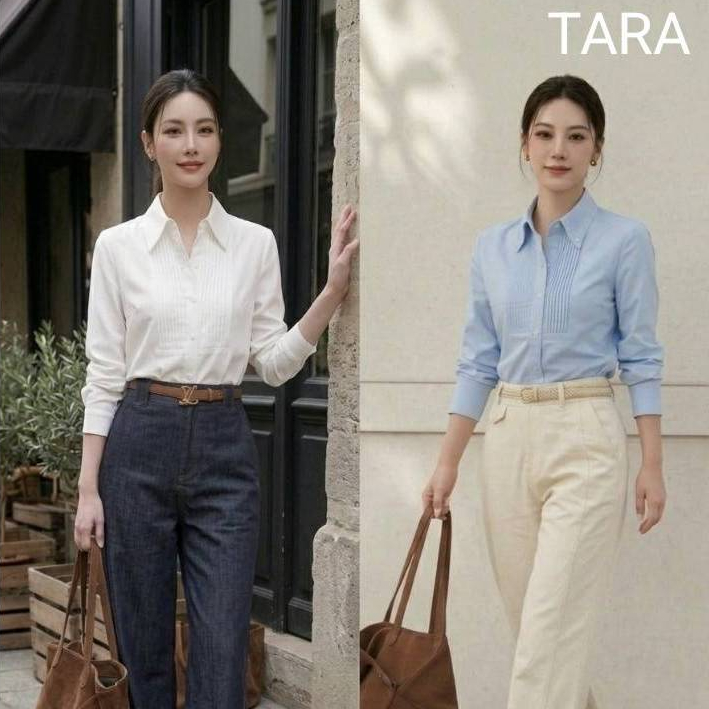 CT666 (เฉพาะเสื้อ) เสื้อเชิ้ตผู้หญิงแต่งจีบหน้าอก ลุคผู้ดี เรียบหรู สไตล์ Old Money