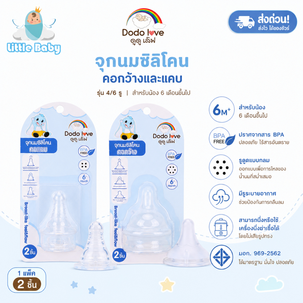 ส่งด่วน DoDolove จุกนมซิลิโคน คอกว้าง/คอแคบ 4 รู 6 รู 6M+ BPA Free จุกนมเด็ก จุกนมขวดนม 2 ชิ้น