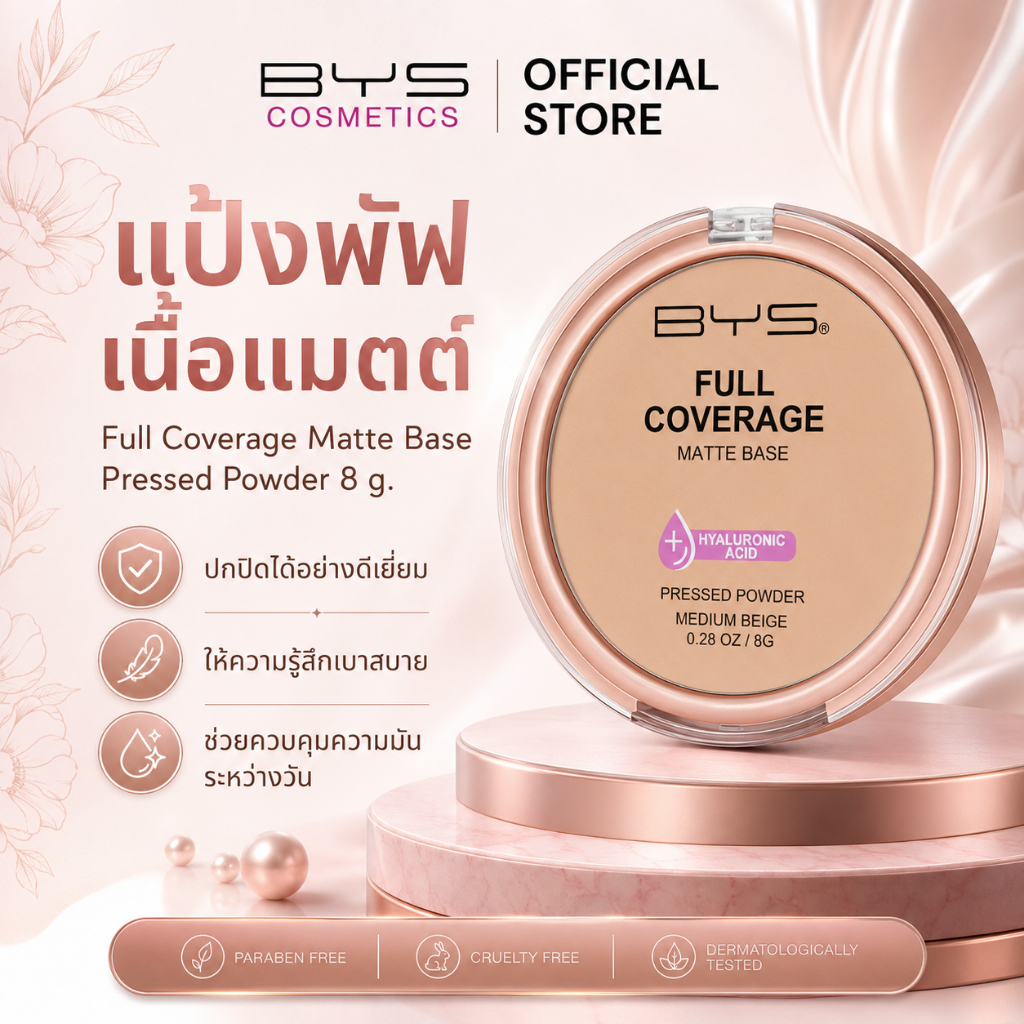 (ส่งฟรี) BYS Cosmetics Full Coverage Matte Base Pressed Powder 8 g. แป้งพัฟเนื้อแมตต์ คุมความมัน