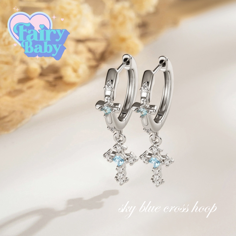 Fairybaby ต่างหูห่วง Sky Blue Cross Hoop ( 1 คู่  ) น่ารัก ห่วง ประกาย 7 mm (E2-150)