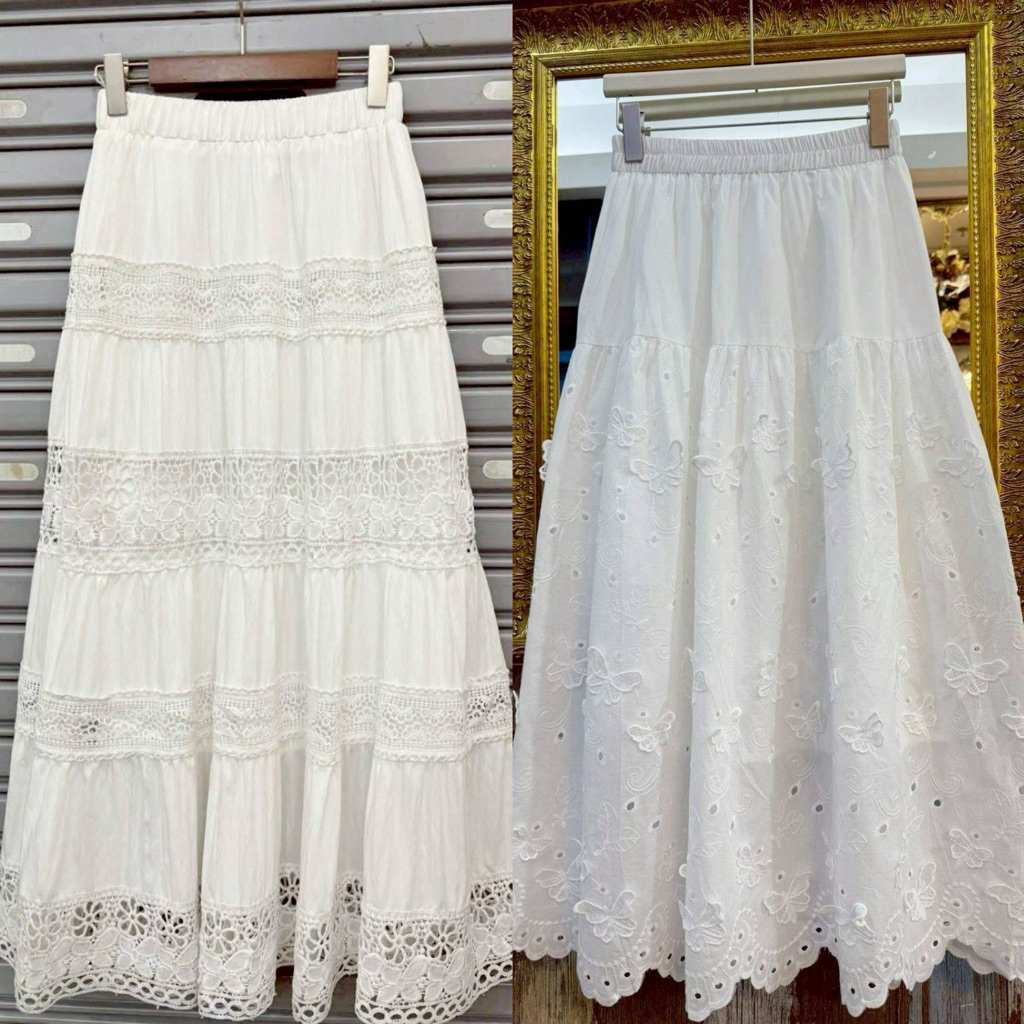 กระโปรงลูกไม้ปักลายผีเสื้อ เอวยางยืด มีซับใน  เอว 24-40" ยาว35" สะโพก 40" กระโปรงขนมชั้น ดีเทลผ้าติดชิ้นเย็บระบายทั้งตัว