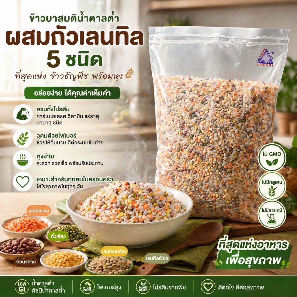 ข้าวบาสมติ น้ำตาลต่ำ ผสม ถั่วเลนทิล 5 สี ขนาด 1 กิโลกรัม