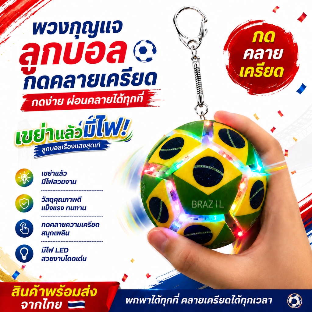 พร้อมส่งไทย พวงกุญแจลูกบอล LED ของเล่นบีบคลายเครียด ลูกฟุตบอลเรืองแสง เขย่าแล้วมีไฟ พกพาได้ ของขวัญเด็ก