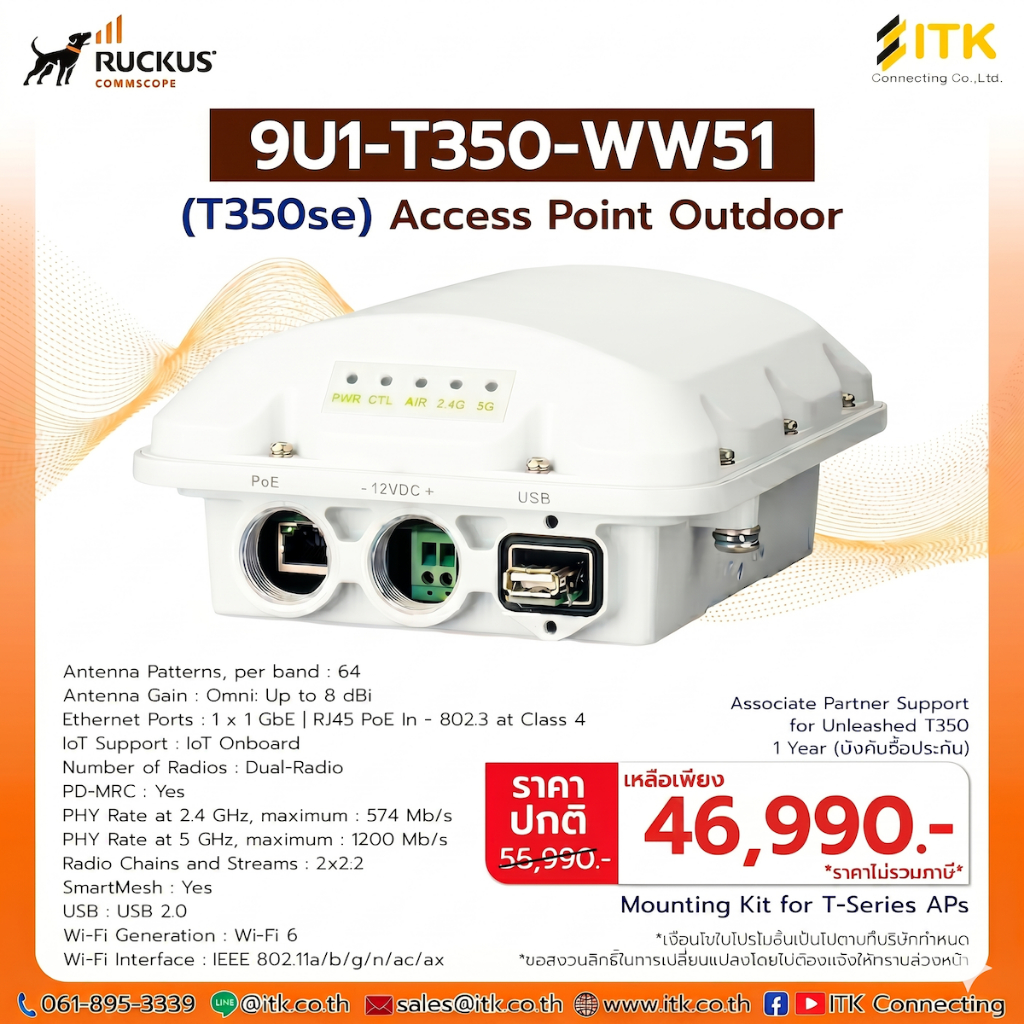RUCKUS T350d (901-T350-US40) Outdoor Access Point Wi-Fi 6 (802.11ax) 2x2:2 MIMO | กันน้ำ IP67 มาตรฐา