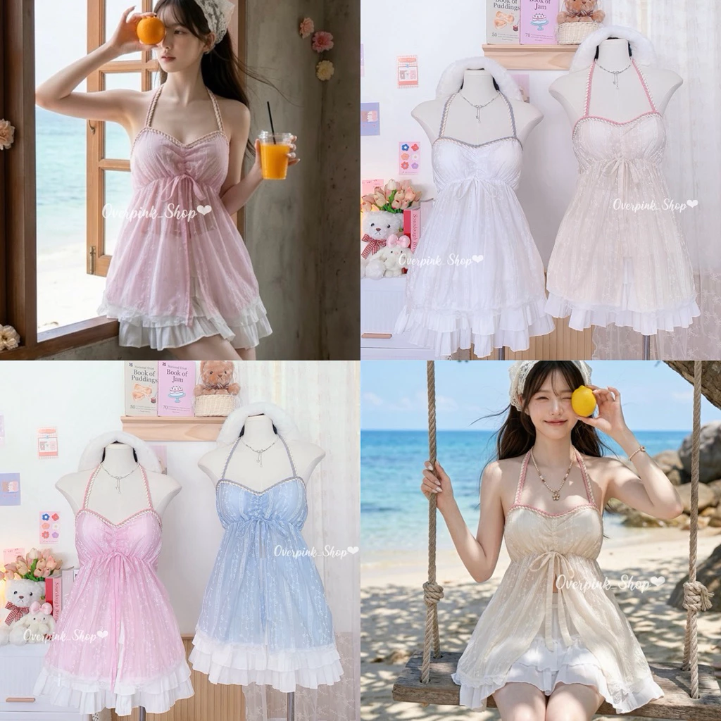 🌸OVP🌸 เสื้อสายเดี่ยวคล้องคอ ผ้าโรซี่(ผ้าบาง) มีฟองนม