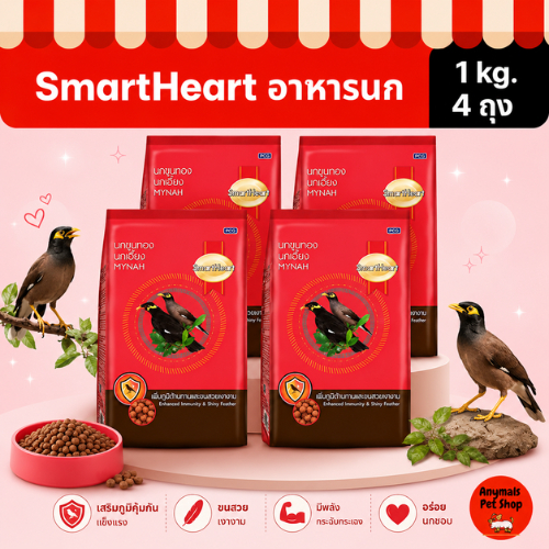 (เซต 4 ถุง) (1 kg) SmartHeart อาหารนกขุนทอง นกเอี้ยง สูตรเพิ่มภูมิต้านทานและขนสวยเงางาม