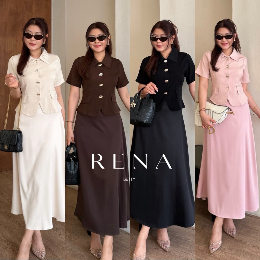 Renie Set 💖 ชุดเซ็ตเสื้อคอปกแขนสั้นติดกระดุมหน้า จับคู่กับกระโปรงยาว มี 5 สี