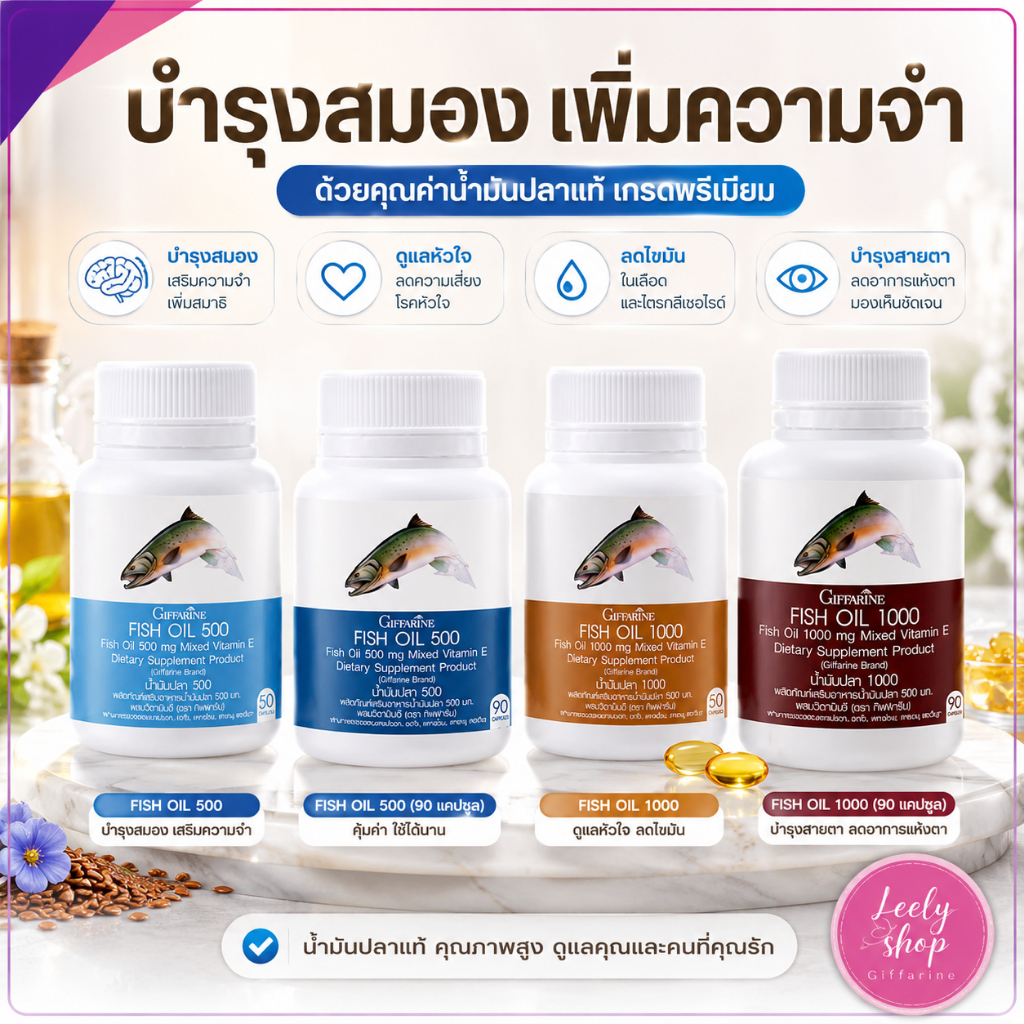 น้ำมันปลา บำรุงสมอง เพิ่มสมาธิ ความจำดี ลดไขมัน ลดไตรกลีเซอไรด์ [500mg/1000mg] Giffarine