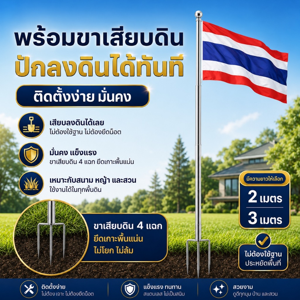 เสาธงสแตนเลสแบบต่อท่อน 1 ม./ท่อน ปรับได้ 2-3 เมตร เสาธงปักดิน พร้อมขาเสียบดิน แข็งแรง ใช้กลางแจ้ง