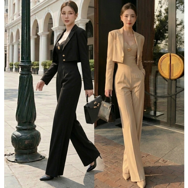 H238 ชุดเซ็ตสูทผู้หญิงหรู จั๊มสูทขายาวทรงตรง ใส่ทำงานและออกงาน
