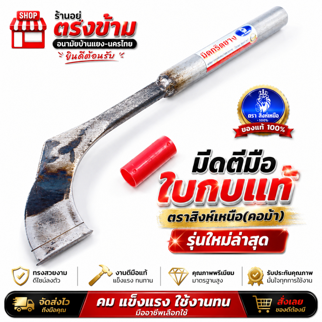 มีดกรีดยาง มีดตัดยาง ลับคมแล้ว มีดตีมือใบกบแท้ ตราสิงห์เหนือ(คอม้า) รุ่นใหม่ล่าสุด ทรงสวยงาม งานตีมือแท้ รับประกันคุณภาพ