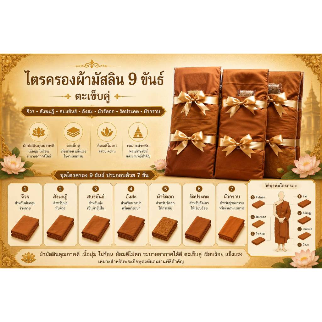 ผ้าไตรครองมัสลิน9ขันธ์สีพระราชทานเข้มสังฆะฎิชั้นเดียวขนาด1.9-2x3m