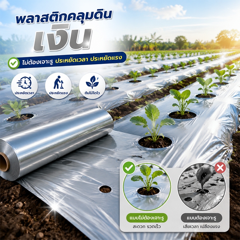 พลาสติกคลุมดิน 30 40 50 cm ผ้ายางคลุมดิน พลาสติกคลุมดินสีดำเงิน กว้าง 1.0 เมตร ยาว 400หลา (360เมตร) เจาะรู