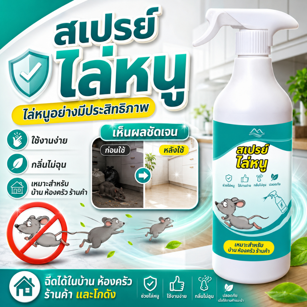 สเปรย์ไล่หนู ยาไล่หนู ไล่หนูในบ้าน กันหนูเข้าบ้าน สารไล่หนู สูตรสมุนไพร ป้องกันหนู ขนาด 500 มล.