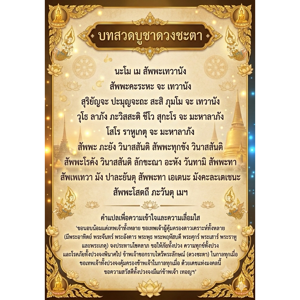 บทสวดบูชาดวงชะตา สำหรับการสวดบูชาเพื่อความโชคดีและสุขภาพที่ดี ขนาด A4 เคลือบพลาสติก