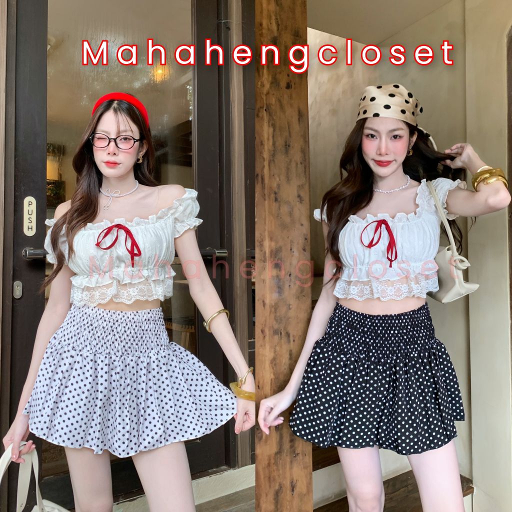 Mahahengcloset กระโปรงสั้นเอวสม็อคทรงบาน ลายจุด มีซับใน เอวยางยืด น่ารักสไตล์เกาหลี