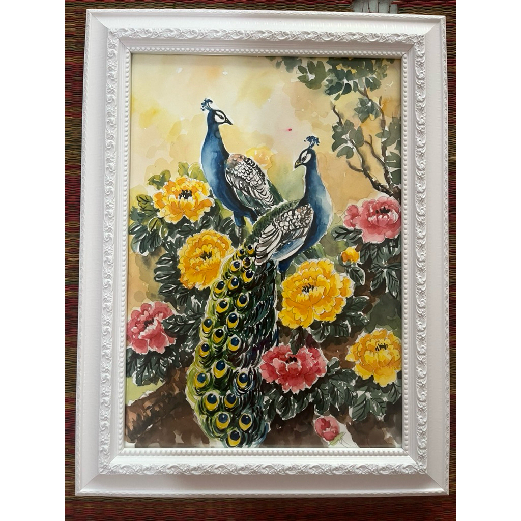 ภาพวาดมงคล ภาพวาดสีน้ำ ขนาด A3/29.7x42cm พร้อมกรอบกระจกแขวนได้ตั้งได้