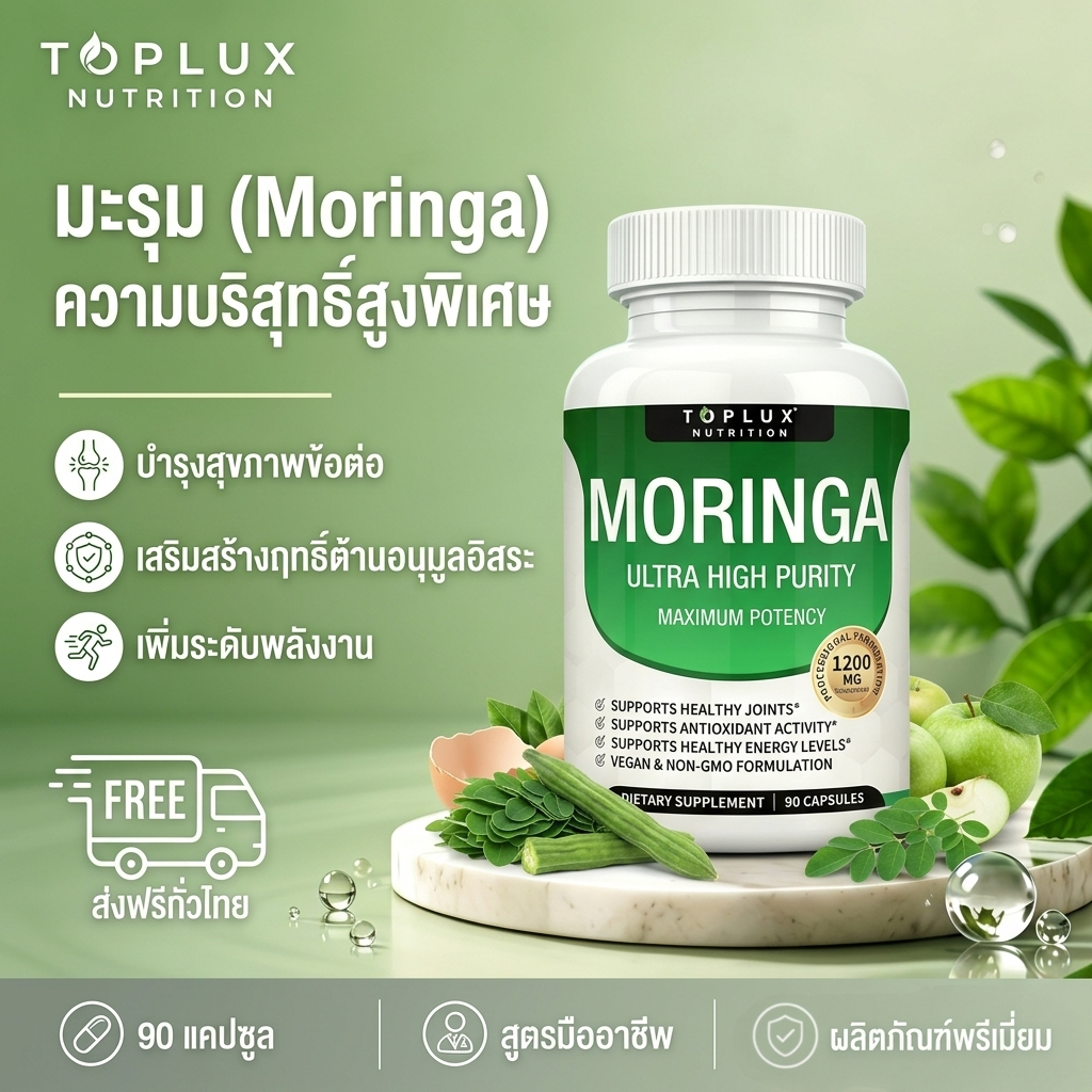 Toplux แคปซูลมะรุม 1200mg สกัดบริสุทธิ์ สารต้านอนุมูลอิสระ บำรุงพลังงาน ภูมิคุ้มกัน เวแกน ไม่ตัดต่อพันธุกรรม 90 เม็ด