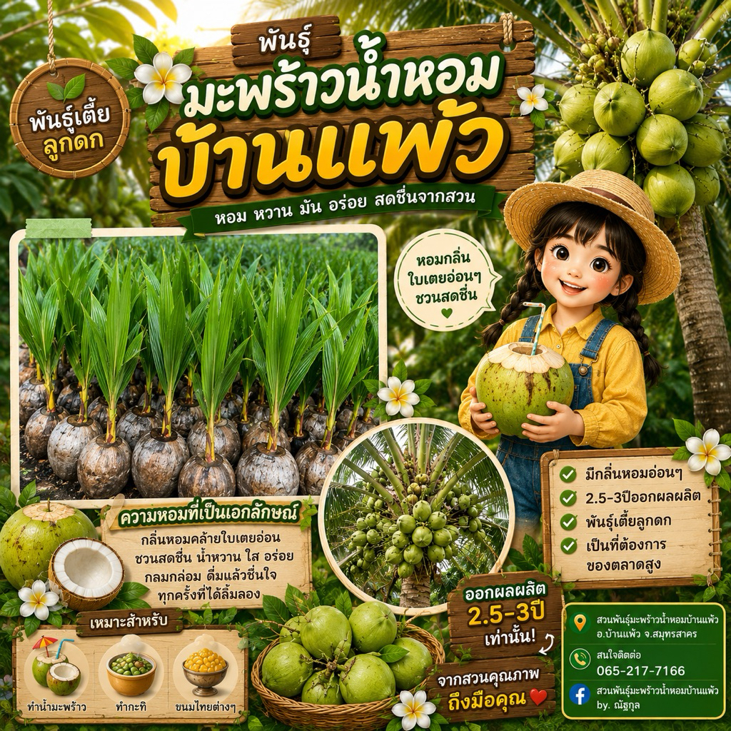มะพร้าวน้ำหอมบ้านแพ้วต้นเตี้ย ลูกดก เจ้าของสวนขายเอง