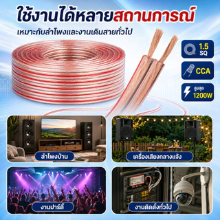 สายลำโพงคู่ใส 1.5 SQ แกน CCA ปลอก PVC ใส ขอบแดงแยกขั้วง่าย รองรับ 1200W สำหรับเครื่องเสียง