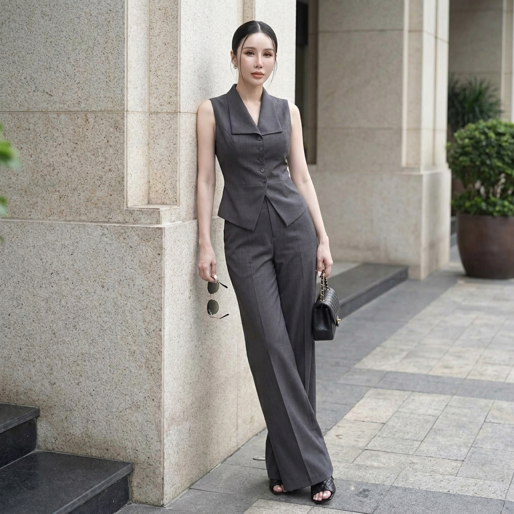 H887 ชุดเซ็ต Old Money สูทแขนกุดทรงหรู