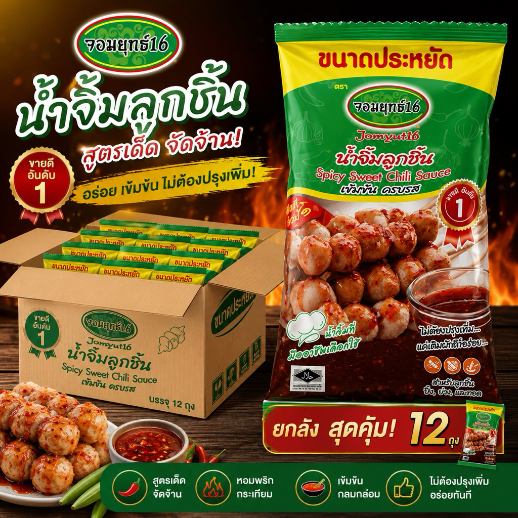 น้ำจิ้มจอมยุทธ์ 16 ขนาด 1 กิโล “ยกลัง 12 ถุง” สีเขียว