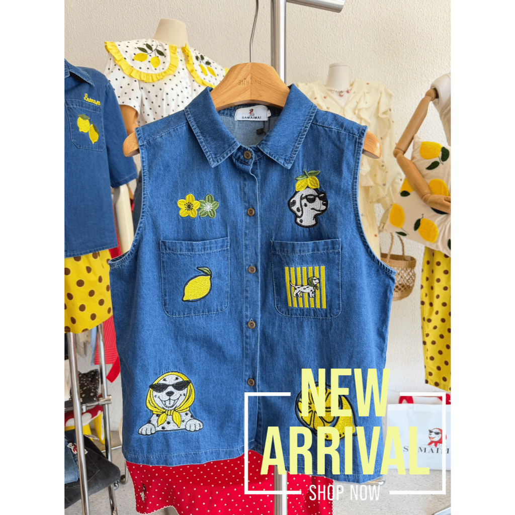 เสื้อแขนกุดผ้ายีนส์ งานปักน้องหมา แต่งกระเป๋าหน้าสไตล์วินเทจ #991811