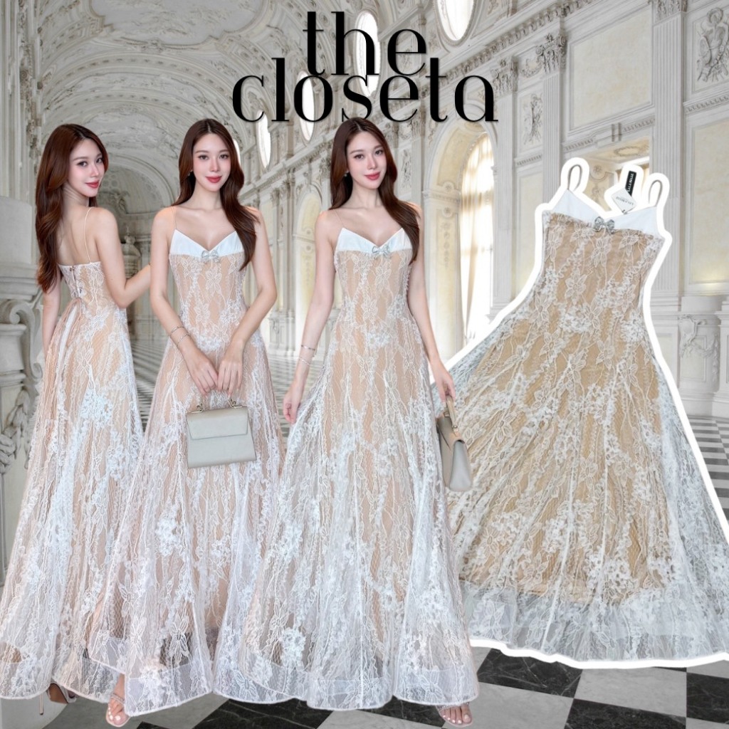 THE CLOSETA : LB634 แม็กซี่เดรสลูกไม้ลายดอกไม้สามมิติ สายเดี่ยวทรงอกหัวใจช่วงอกพร้อมเข็มกลัดโบว์
