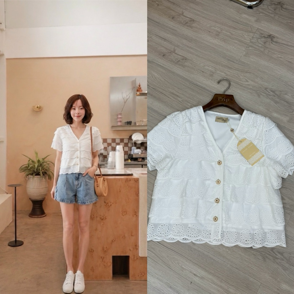 chaline   เสื้อขนมชั้นน่ารักสุดๆ เนื้อผ้าลูกไม้คอตตอนสีขาวฉลุ