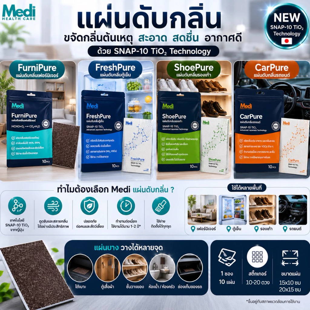 Medi รวมแผ่นดับกลิ่น กลิ่นเฟอร์นิเจอร์ใหม่ กลิ่นอับตู้เย็น รถยนต์ รองเท้า นวัตกรรมจากญี่ปุ่น SNAP-10