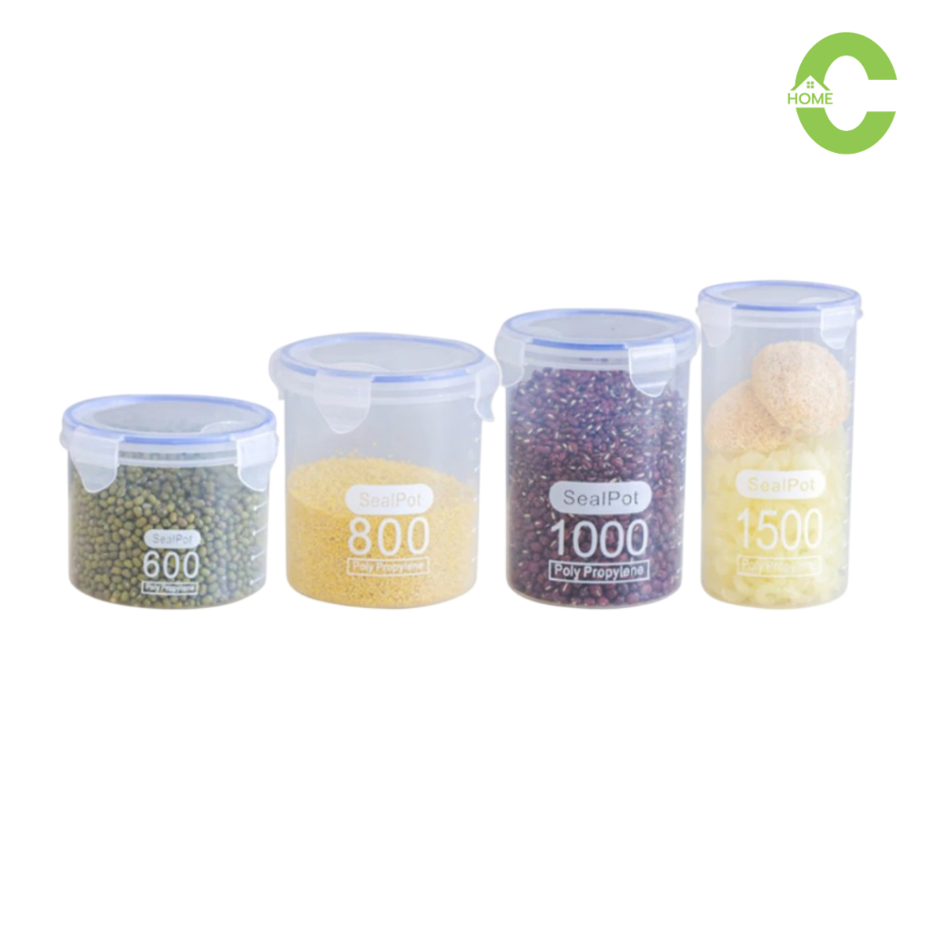 โถพลาสติกมีฝาปิด กล่องใส่เครื่องปรุง Food Storage เก็บอาหาร 4 ขนาด 600/800/1000/1500ml มีฝาปิดสูญญากาศ Simple Kitchen