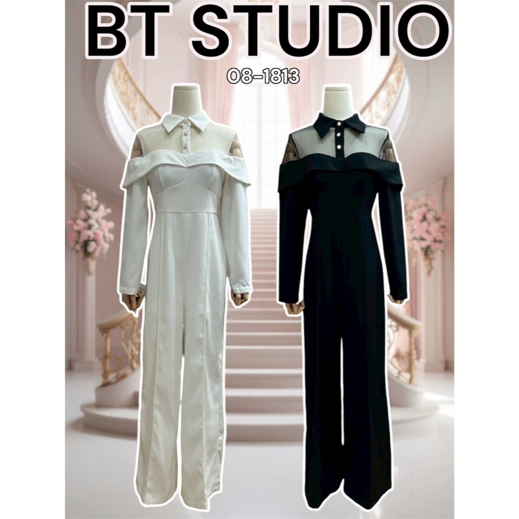 ฺBT 08-1813 จั้มสูทขายาว แขนยาว คอปก ผ้าซีฟองแต่งทรงปาดไหล่ กระดุมหน้า ช่วงออกเสริมฟองน้ำ