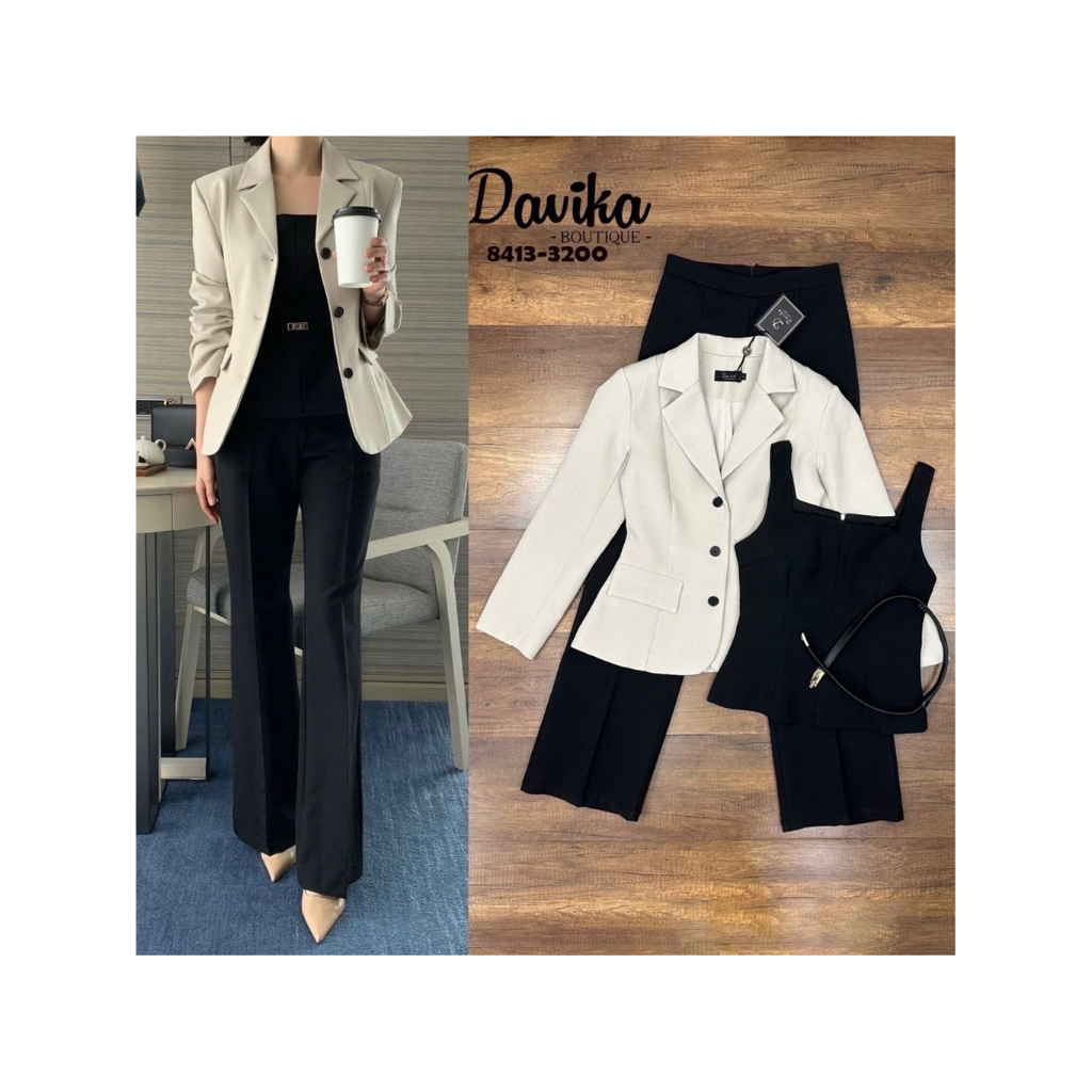 D8 งานป้าย Davika Set ชุดเซ็ท 4 ชิ้น สูท เสื้อตัวใน กางเกงขายาว เข็มขัด สำหรับผู้หญิง เสื้อผ้าแฟชั่น