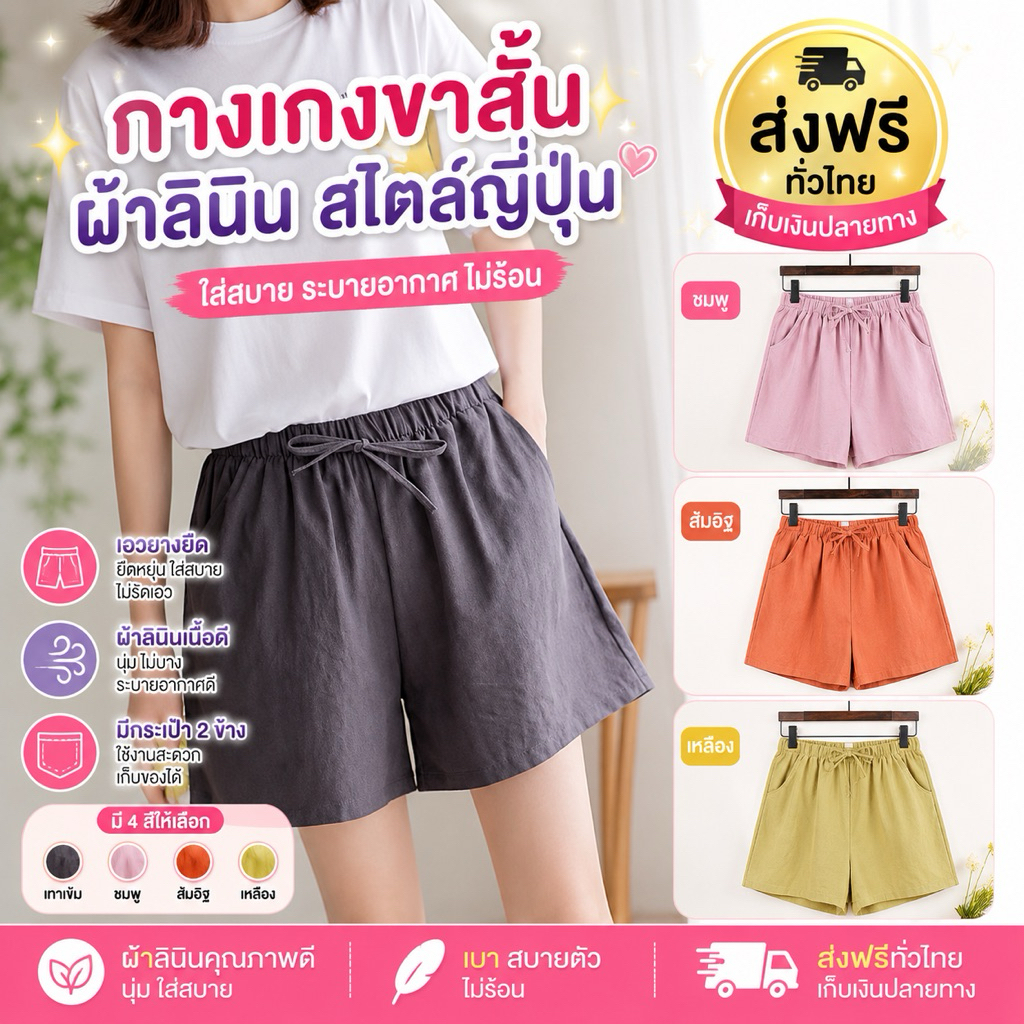 PrettyLady Shop（NO.820)กางเกงขาสั้นผ้าลินินสไตล์ญี่ปุ่น