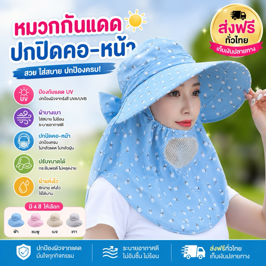 PrettyLady Shop (MZD18) หมวกคลุมหน้าปีกกว้าง กันแดด  คลุมหน้า กันลมและฝุ่น ระบายอากาศได้ดี ไม่ร้อน