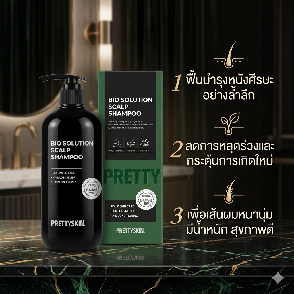 แชมพูลดผมร่วง PRETTYSKIN สูตรไบโอโซลูชั่น ปรับสมดุลความมัน บำรุงลึกถึงรากผม ให้ผมหนาดกดำ แข็งแรง สุขภาพดีจากภายใน