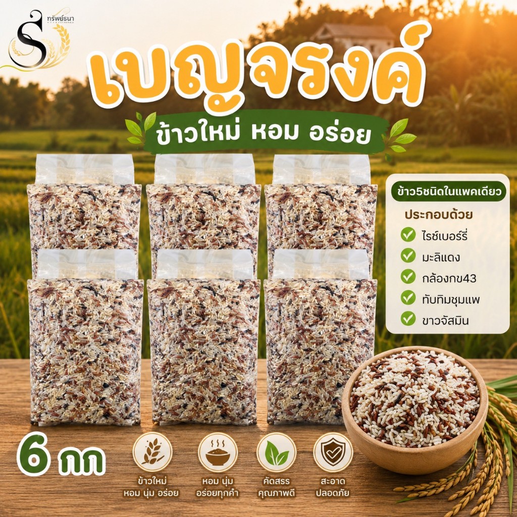 ข้าวเบญจรงค์ ตราทรัพย์ธนา แพคสุญญากาศ6กิโลกรัม ข้าวใหม่ ปลอดสาร