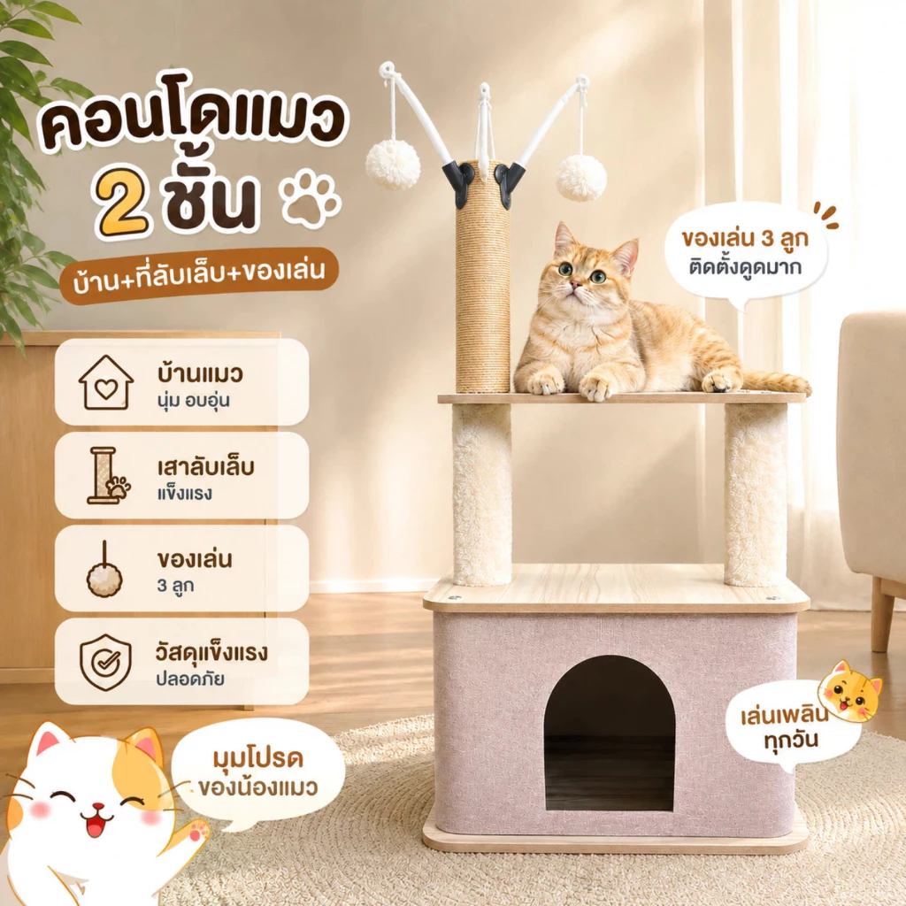 คอนโดแมวพร้อมบ้านแมว ที่ลับเล็บแมว เสาลับเล็บ ของเล่นแขวน 3 ลูก เตียงนอนแมว 2 ชั้น